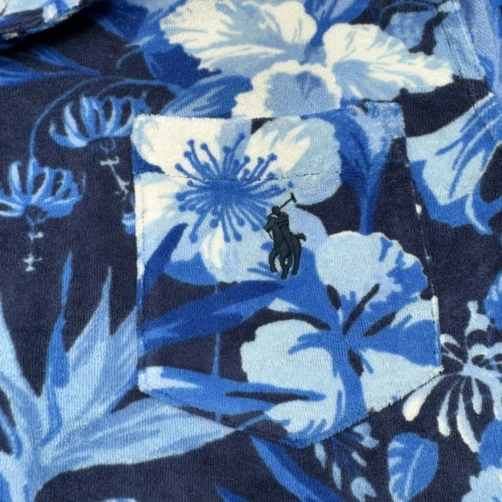 Polo Ralph Lauren Shirt Men Medium Blue Floral Short Sleeve Stretch Aloha Pocket